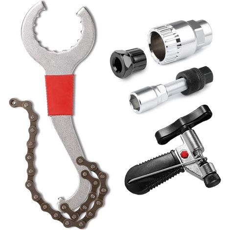 Kit d'entretien professionnel 5 en 1 pour vélos - Acier robuste - Dérive-chaîne, extracteur de manivelle, outil pour cassette et boîtier de pédalier - Universel pour vélos 6 à 12 vitesses (1/3)