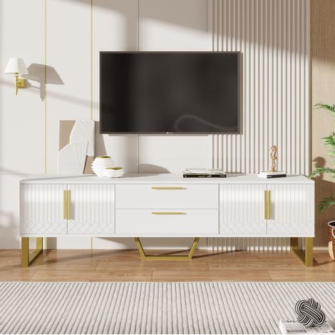 TV-Schrank MDF Hochglanz Weiß/Gold 170,0 x 40,0 x 53,5 cm mit Stauraum, Kabeldurchführungen und geschnitzten Fronten (1/5)