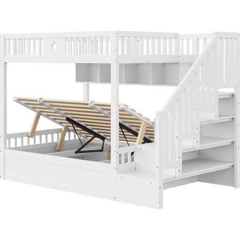 Litera 140 x 200 cm blanca de madera con cama inferior hidráulica, almacenaje y estantes (1/5)