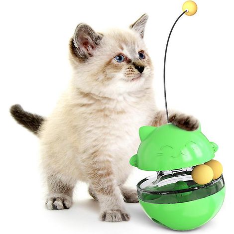 Jouet interactif 4 en 1 pour chat avec double balle et bâton, distributeur de nourriture facile à nettoyer, jeu de chasse en intérieur - Vert (1/4)