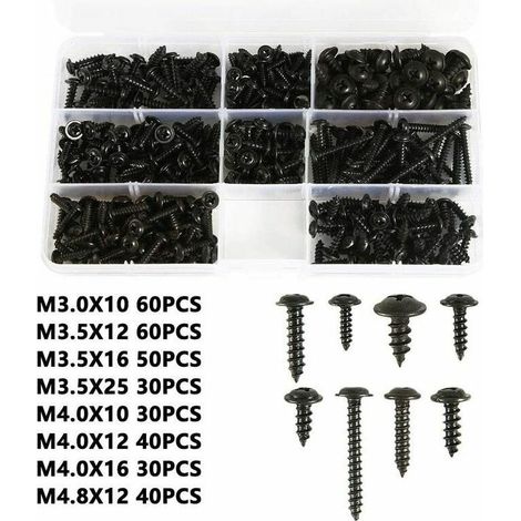 340pcs Vis à tôle noire autoperçante,Vis autotaraudeuse en Acier au Carbone inoxydable Vis à tête plate Kit de Fixation du Bois Cross-Head Taille: M3.0-M4.8 (1/4)