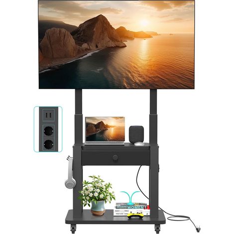 Support TV avec Prise électrique et tiroir en Tissu pour TV Plats/incurvés de 32-75" (Jusqu 100kg) LCD/LED/OLED. Chariot TV Mobile à Hauteur réglable pour Maison ou Bureau. VESA Max 600 x 400mm Noir (1/5)