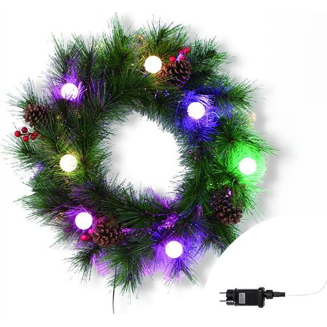 Ghirlanda di Natale in fibra ottica verde con pigne e decorazioni rosse e palline bianche led 50cm Wisdom