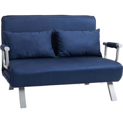 Schlafsofa 2er-Sofa mit Schlaffunktion und verstellbarer Rückenlehne, Couch mit Wurfkissen in Samtoptik, Polstersofa für Wohnzimmer & Schlafzimmer, Blau