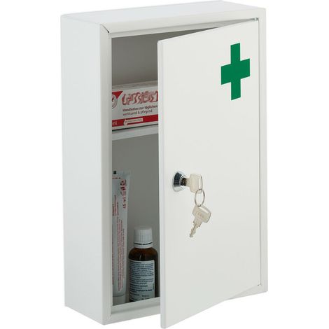Medicine cabinet, lockable, 2 levels, steel, HxWxD: 32x21.5x8 cm, for medicines, hanging, white