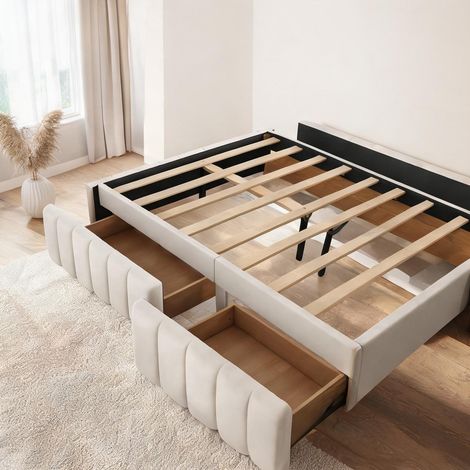 Cadre de lit beige en velours 218 x 149 x 35 cm (1/5)