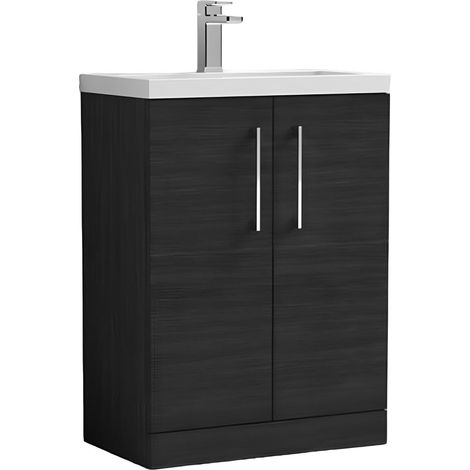 Nuie Arno Compact Floor Standing 2-Door Vanity Unit with Polymarble Basin 600mm Wide - Charcoal Black Woodgrain (1/5)