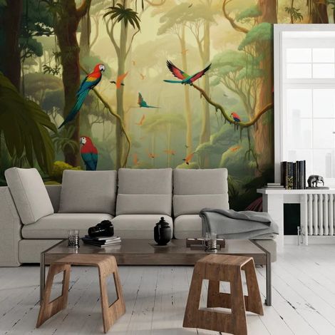 Papier Peint Paysage - Forêt Amazonienne et Perroquets - 150 x 250 cm (1/2)