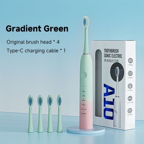 Brosse à dents électrique sonique portable et étanche avec 4 têtes de brosse et 18 modes (vert dégradé)-AquaForge (1/5)