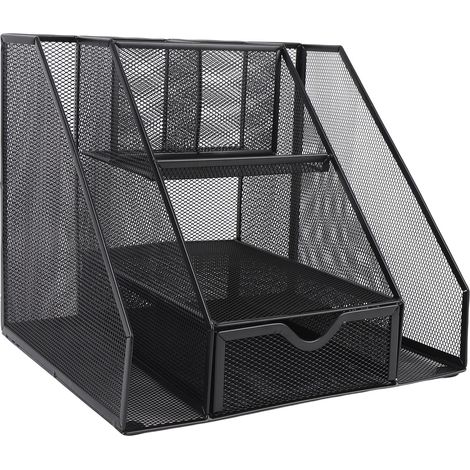 Organiseur de bureau vertical en métal noir avec tiroir, corbeille de rangement en fer à mailles, porte-courrier et pot à stylos, accessoires de bureau (1/5)