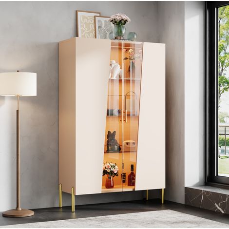 Vitrina LED 72x40x145 cm de MDF y vidrio beige, estantes ajustables - MEUBLIV (1/5)