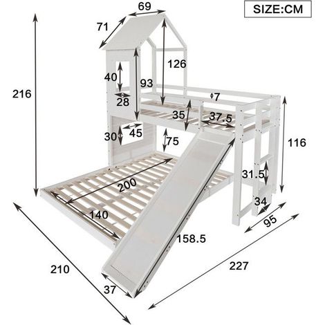 Lit superposé enfant - 90x200/140x200 cm - avec toboggan - en pin et MDF - 3 places (1/5)