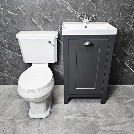 Derby Traditional Dark Grey Vanity Unit + Carlton Toilet Set Cloakroom Suite, White Seat-No Tap & Waste-Luxury Flush (1/5)