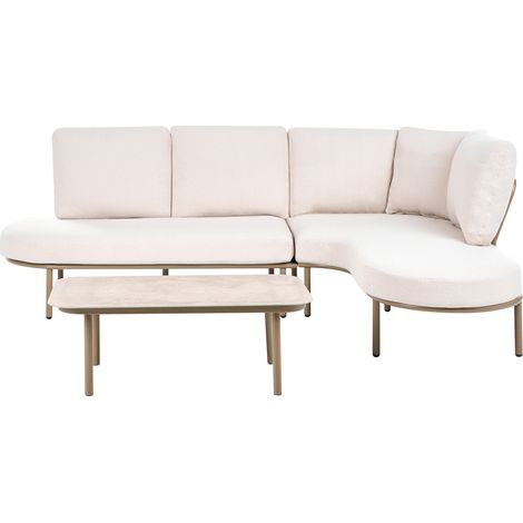 Sofá de exterior con mesa de centro 4 plazas estructura de aluminio ovalado tablero de metal marrón cojines beige claro Pollina (1/5)