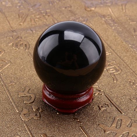 Rare boule de guérison en verre de quartz noir naturel asiatique, 40 mm, avec socle. (1/2)