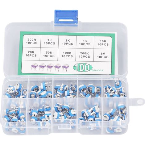 Lot de 100 potentiomètres ajustables RM065, 10 valeurs de 500Ω à 1MΩ, bleu et blanc, kit de résistances variables pour réglage. (1/5)
