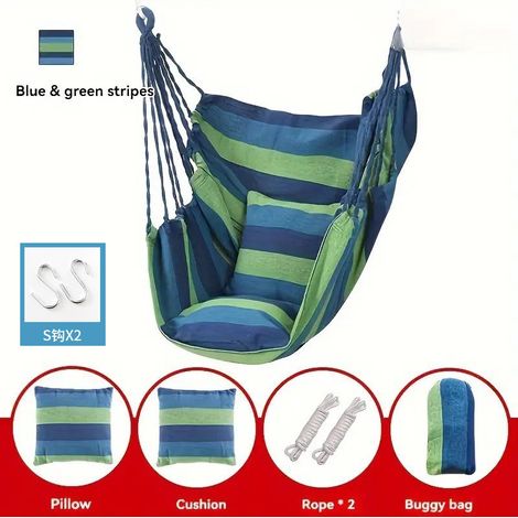 Amaca extra lunga in tela con schienale, perfetta per rilassarsi sia in casa che all'aperto, con strisce blu. (Sedia sospesa rinforzata specifica per dormitorio) (1/5)