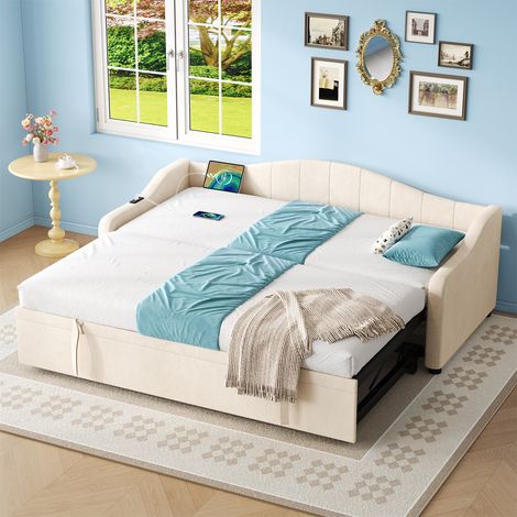 3ft Beige Velvet Daybed with Charging Station & Trundle - Convertible Sofa Bed with USB/Type-C Ports, 90x190cm Upholstered Bed for Living Room/Bedroom/Study, No Mattress