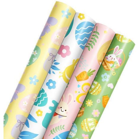 Papier D'emballage Cadeau - Pâques - Motifs Lapin Et Œuf - 40 Cm X 3 M - Lot De 4 Rouleaux (1/5)