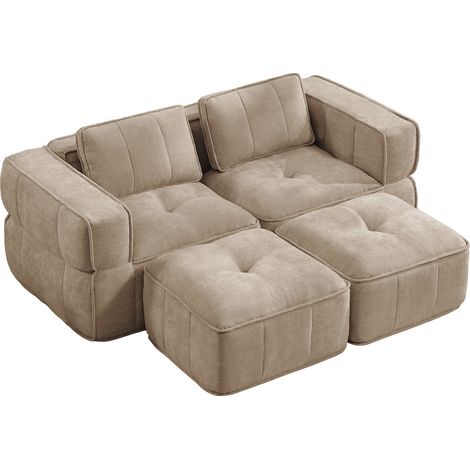 Divano modulare a 2 posti con due pouf in poliestere color sabbia MODENUIT (1/5)