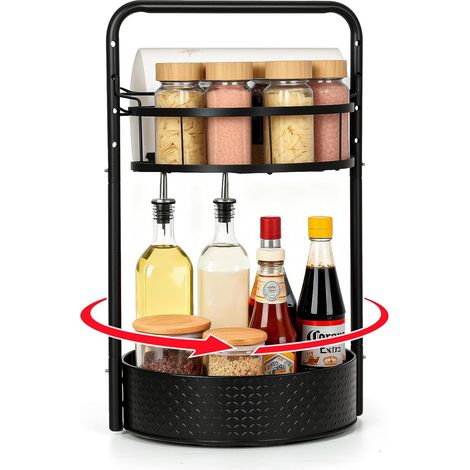 Étagère à Épices Rotative 360°, 2 Niveaux Rangement Epices Cuisine avec Porte-Serviettes en Papier, Plateau Tournant, Plateau à Épices Rotatif Métal, 25cm,pour Cuisine Salle de Bain Bureau (1/4)