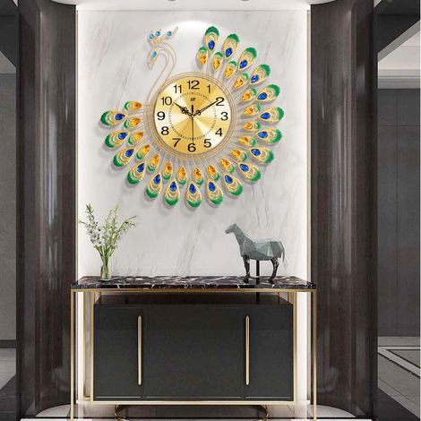 Grande horloge murale 3D en forme de paon et diamants dorés, idéale pour la décoration intérieure ou le salon. Horloge décorative à faire soi-même. (1/5)