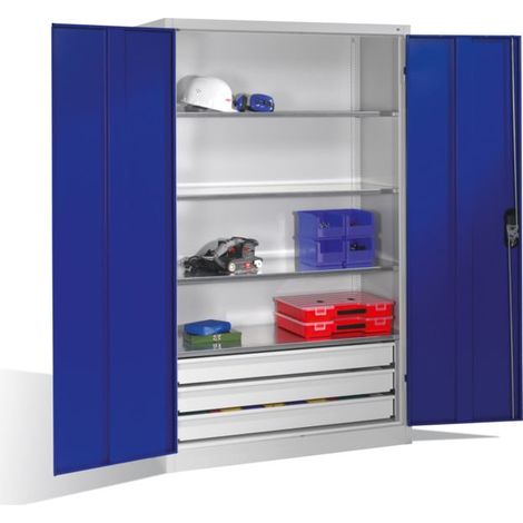 Armoire à outils C+P à portes battantes, 4 tablettes et 3 tiroirs, H1950xL1200xP500mm Façade bleu gentiane Corps gris clair (1/4)