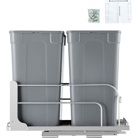 Poubelle à tiroir double, 35 QT x2, sous évier, avec kit porte et coulisse à fermeture douce, gris, pour meuble de cuisine. (1/5)