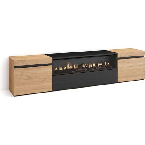 Mueble TV Málaga-01 de 200x45x35 cm con chimenea eléctrica, color roble y negro (1/4)