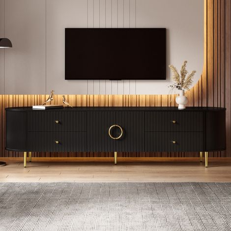 Meuble TV,meuble bas,180x40x38 cm,structure ondulée en relief,bords arrondis,structure en MDF,poignées en aluminium,pieds en fer,étagère fixe,noir
