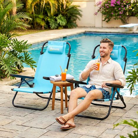 Outsunny Lot de 2 Chaises de Plage Pliables à 5 Positions - Dossier, Appui-Tête & Accoudoirs Inclus, 63x75x80cm, Bleu Clair