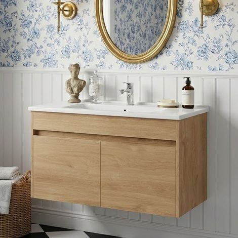 Vitra S50+ Wall Hung 2-Door Vanity Unit with Basin 1000mm Wide - Golden Oak (1/2)