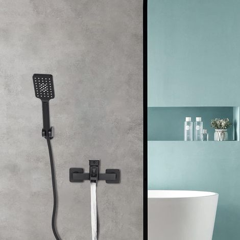 Badarmaturen Einhand Brausebatterie,Schwarz Badewannenarmatur mit Handbrause Wasserfall Badewanne Wasserhahn,Wandmontage Badewannenhahn für Badezimmer Bad mit 1.5m Schlauch