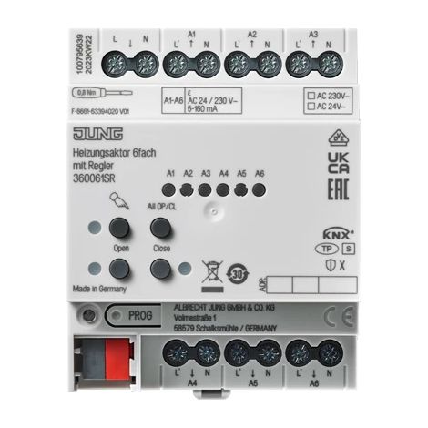 Jung Actuador de calefacción KNX séxtuple con regulador, REG, 4 TE, Secure 36006 1S R