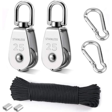 Poulie de Levage, 2 Pièces 25MM Poulie en Acier Inox 304,2 Pièces M25 Poulie Simple, Pour Cordes et Câbles, avec 8mm corde d'escalade 20M (1/5)