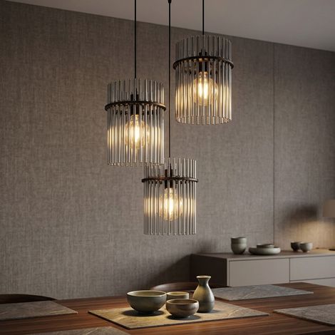 Lampada a sospensione Lampada a sospensione per sala da pranzo Lampada per soggiorno Lampada a soffitto, aste in metallo e vetro nero fumo, 3x LED 9W 810Lm bianco caldo, H 140 cm (1/5)