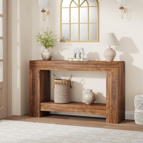 Table Console 120 cm, Table d’Entrée Longue 2 Niveaux avec Rangement, Style Fermier, en Bois Naturel pour Salon, Couloir, Hall d’Entrée (1/5)