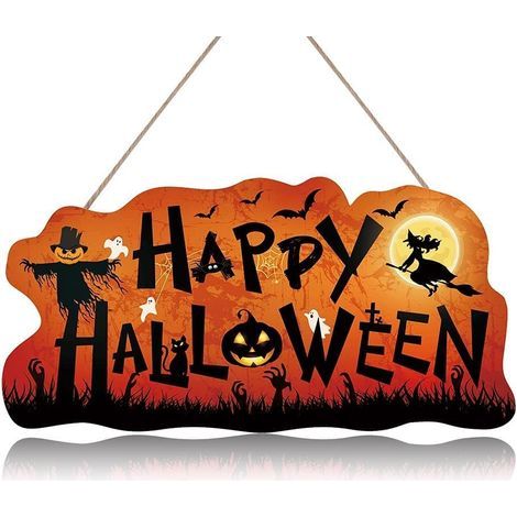 Signe de couronne de bienvenue de citrouille effrayante pour Halloween, décoration de porte d'entrée d'automne de sorcière, signe en matériau naturel (1/5)