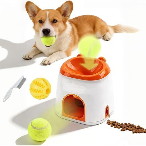 2-in-1 Hundeballwerfer & Leckerli-Spender, automatischer Hundeballwerfer, interaktives, federbelastetes Apportierspielzeug mit Snackaufbewahrung, Spielzeug zur geistigen Stimulation & Bewegung für kle (1/5)
