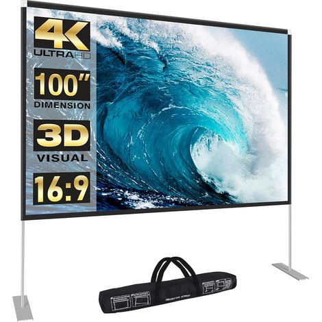 Rosvola Écran de projection avec support, écran de projection portable 16:9, écran de projection HD 4K avec sac de transport pour intérieur et extérieur, cinéma, cinéma, voyage (1/5)
