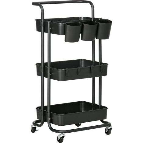 Servierwagen mit 3 Etagen, 4 Haken und 3 abnehmbaren Hängeboxen, 42 x 38 x 86,5 cm, schwarz (1/5)