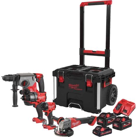 M18 FPP4E KIT A BATTERIA 18V COMPOSTO DA: TASSELLATORE + TRAPANO AVVITATORE + TRAPANO A MASSA BATTENTE + SMERIGLIATRICE ANGOLARE cod. 4933492530 (1/5)