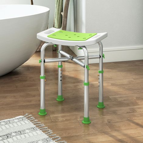 Tabouret de douche chaise de douche - assise rembourré et réglable. patins à ventouses antidérapants. en aluminium vert