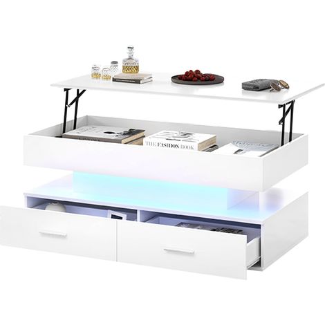 ELVMI Tavolino da Salotto Sollevabile con 2 Cassetti, Vano Aperto e LED Bluetooth, Bianco, 100 x 50 x 44 cm (1/5)