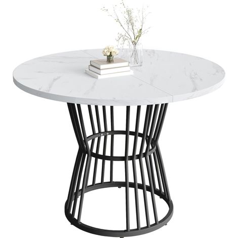 Table à manger ronde 100 cm en MDF effet marbre noir, piètement métal stable, pour cuisine, salle à manger ou bureau, design moderne gain de place – CHICFURN (1/5)