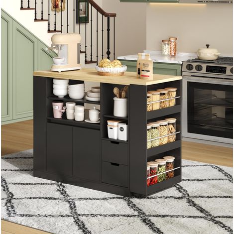 Isola da cucina 115x50x92 cm in MDF nero effetto legno con piano girevole estensibile - CHICFURN (1/5)