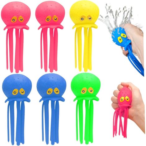 Lot de 6 jouets de bain pieuvres à presser et à éclabousser, jouets sensoriels aquatiques en silicone souple avec plusieurs trous pour jouer dans le bain et la piscine, jouets anti-stress pour enfants (1/5)