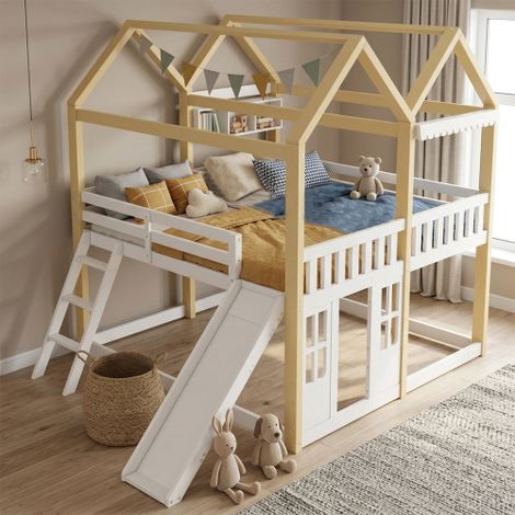 Lit Mezzanine Enfant 90 x 200 cm avec Toboggan et Échelle, Lit Cabane Mi-Hauteur en Blanc et Bois Naturel, Structure en Bois avec Aire de Jeux et Garde-Corps, pour Chambre d'Enfant (1/5)