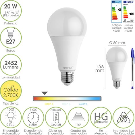 Bombilla Led Estandar Rosca E27. 20  Watt. Equivale A 150 Watt. 2452 Lumenes. Luz Calida (3000º K.)