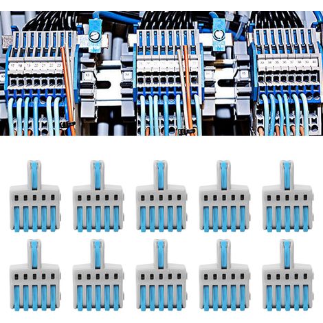 Lot de 20 borniers à connexion rapide de type T, connecteurs répartiteurs à bouton-poussoir, connecteurs parallèles, une entrée, cinq sorties, gris SPL-F15A, bleu (1/5)